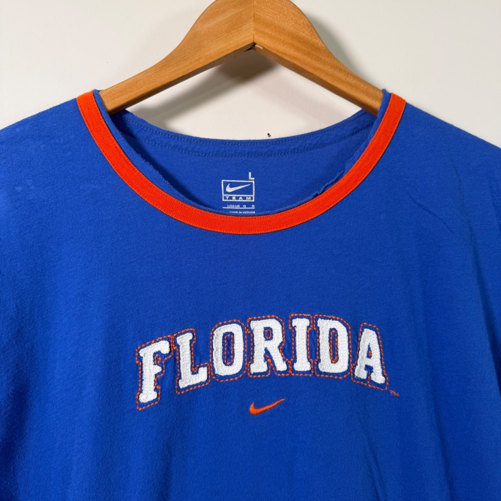Nike Team Florida Gators Ringer T-Shirt Blue Orange Spellout Women Large L - Picture 2 of 9